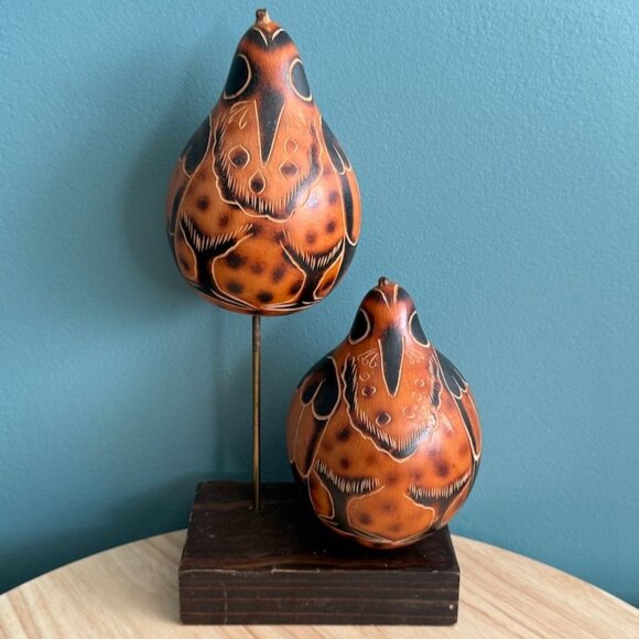 Vintage 70's Peruvian Hand-Carved Gourd Birds Sculpture Set On Wooden Base - Picture 8 of 10